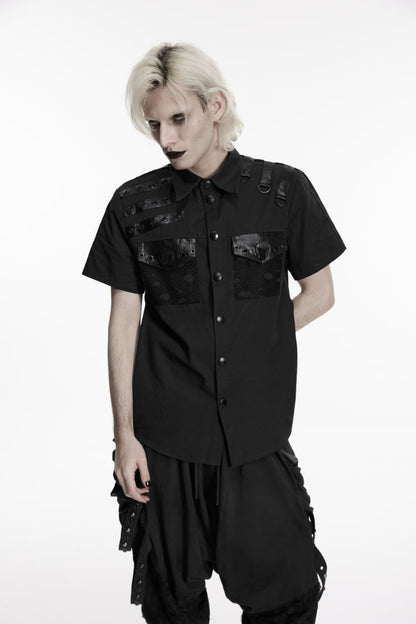 Black Lapel Collar Short Sleeves Cut-Out Spliced Men's Punk Shirt