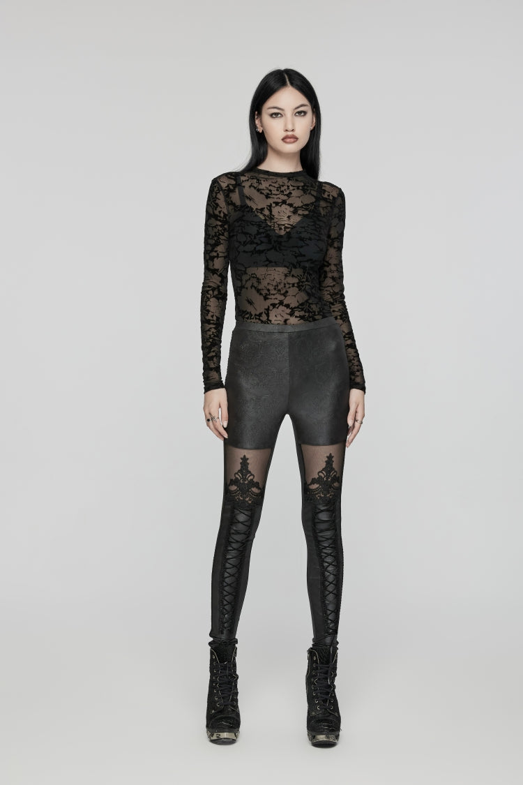 Black Embroidered Spliced Sheer Women's Gothic Leggings