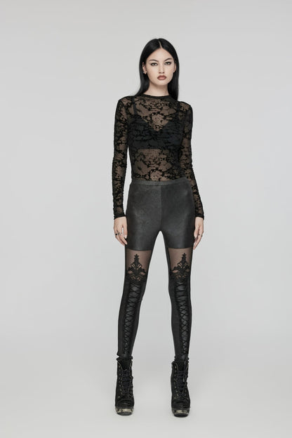 Black Embroidered Spliced Sheer Women's Gothic Leggings