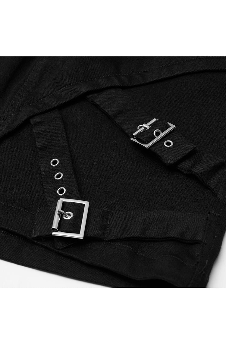 Black Metal Slant Buckle Loop Decoration Irregular Hem Denim Women's Punk Skirt