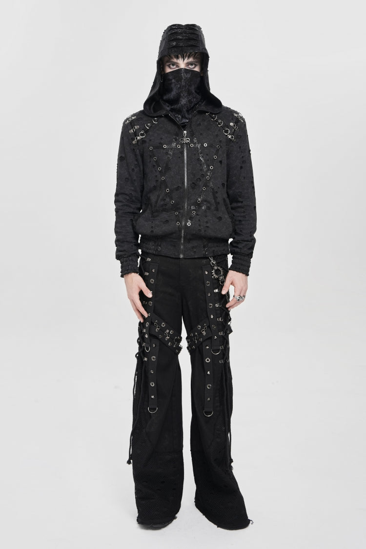 Black Long Sleeves Hexagram Print Hooded Ripped Pleated Men's Punk Coat