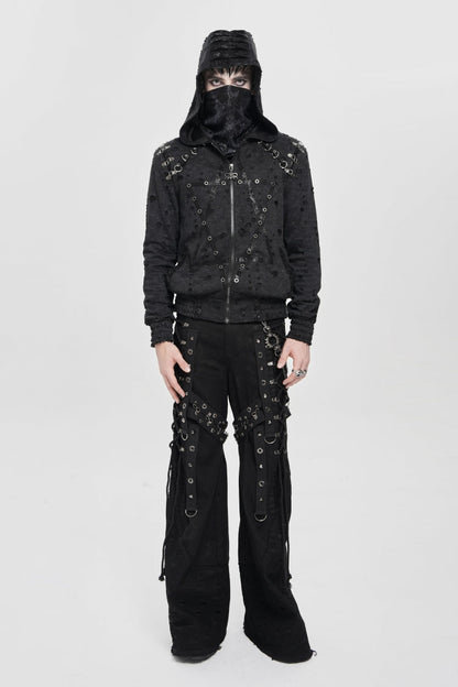 Black Long Sleeves Hexagram Print Hooded Ripped Pleated Men's Punk Coat
