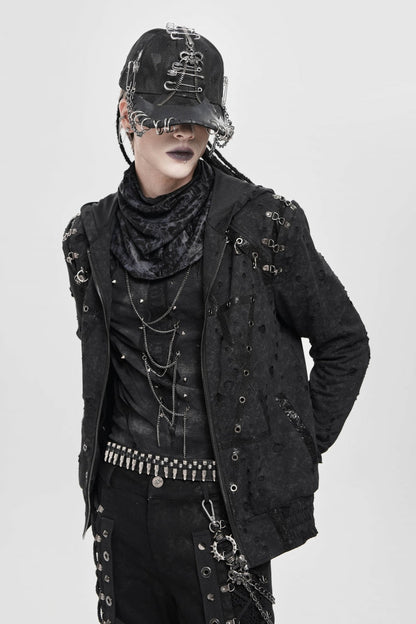 Black Long Sleeves Hexagram Print Hooded Ripped Pleated Men's Punk Coat