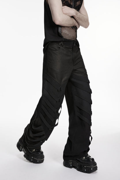 Black Multi-Layered Mesh Eyelet Men's Punk Cool Strappy Pants