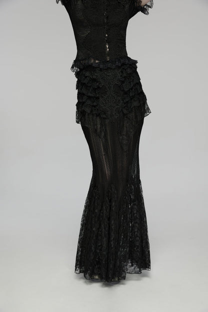 Black Embroidered Spliced Ruffled Lace Slim Mesh Women's Gothic  Mermaid Skirt