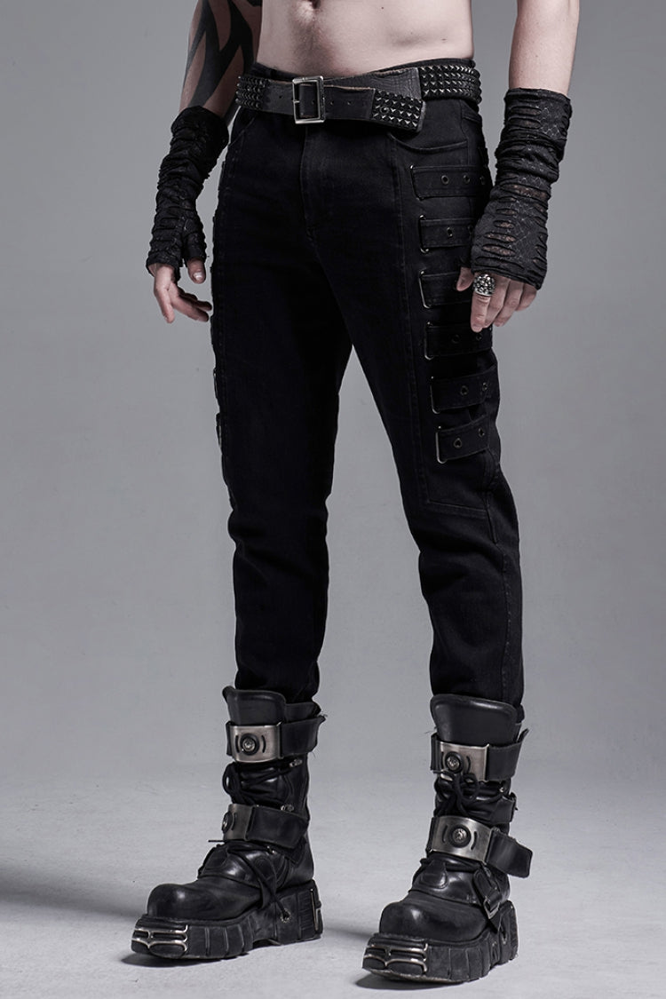 Black Buckle Zipper Men's Gothic Fitted Pants