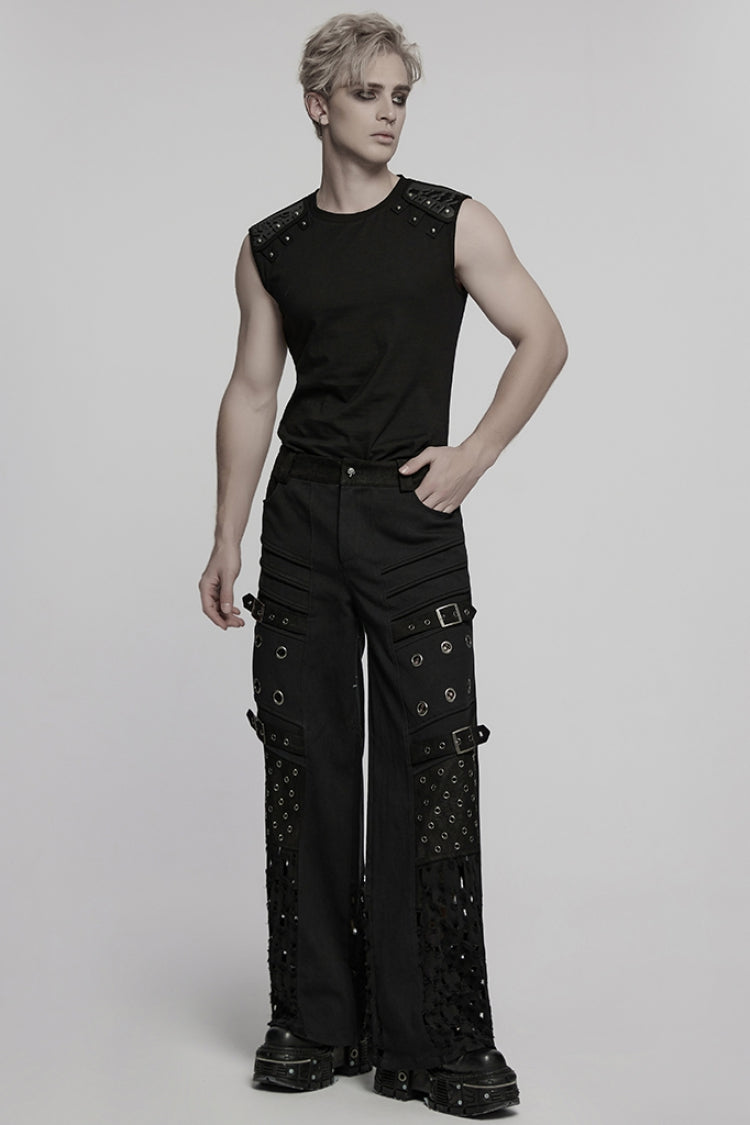 Black Eyelet Ripped Men's Punk Straight Pants