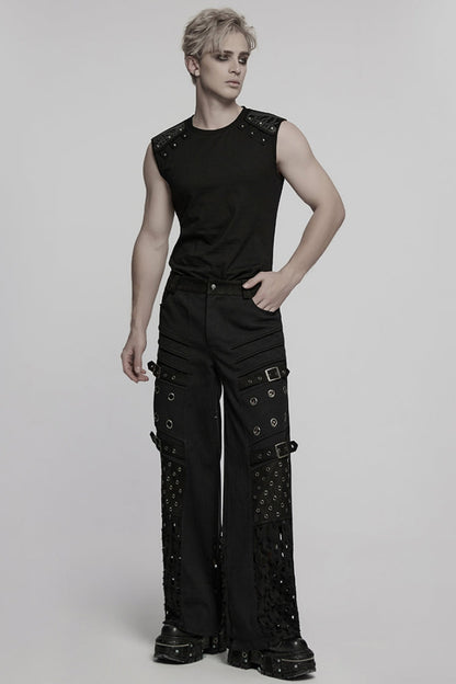 Black Eyelet Ripped Men's Punk Straight Pants