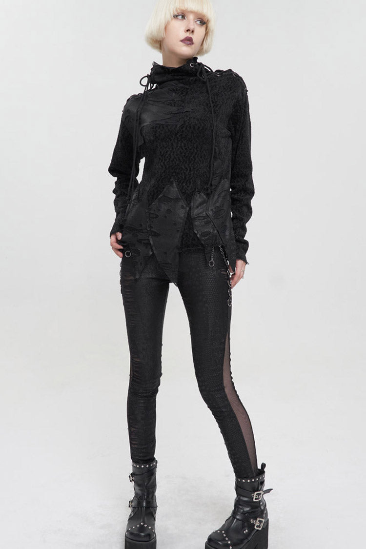 Black Knitted Fabric Detachable Chain Trim Irregular Semi-Perspective Knit Women's Punk Pants