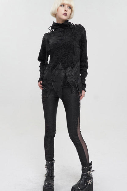 Black Knitted Fabric Detachable Chain Trim Irregular Semi-Perspective Knit Women's Punk Pants