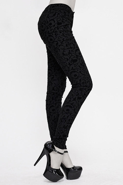 Black Gothic Flocking Patterned Laced Up Asymmetrical Side Womens Pants