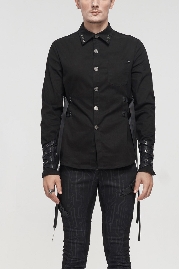 Black Nylon Strap Metal Buckle Decoration Long Sleeve Elasticity Men's Punk Shirt