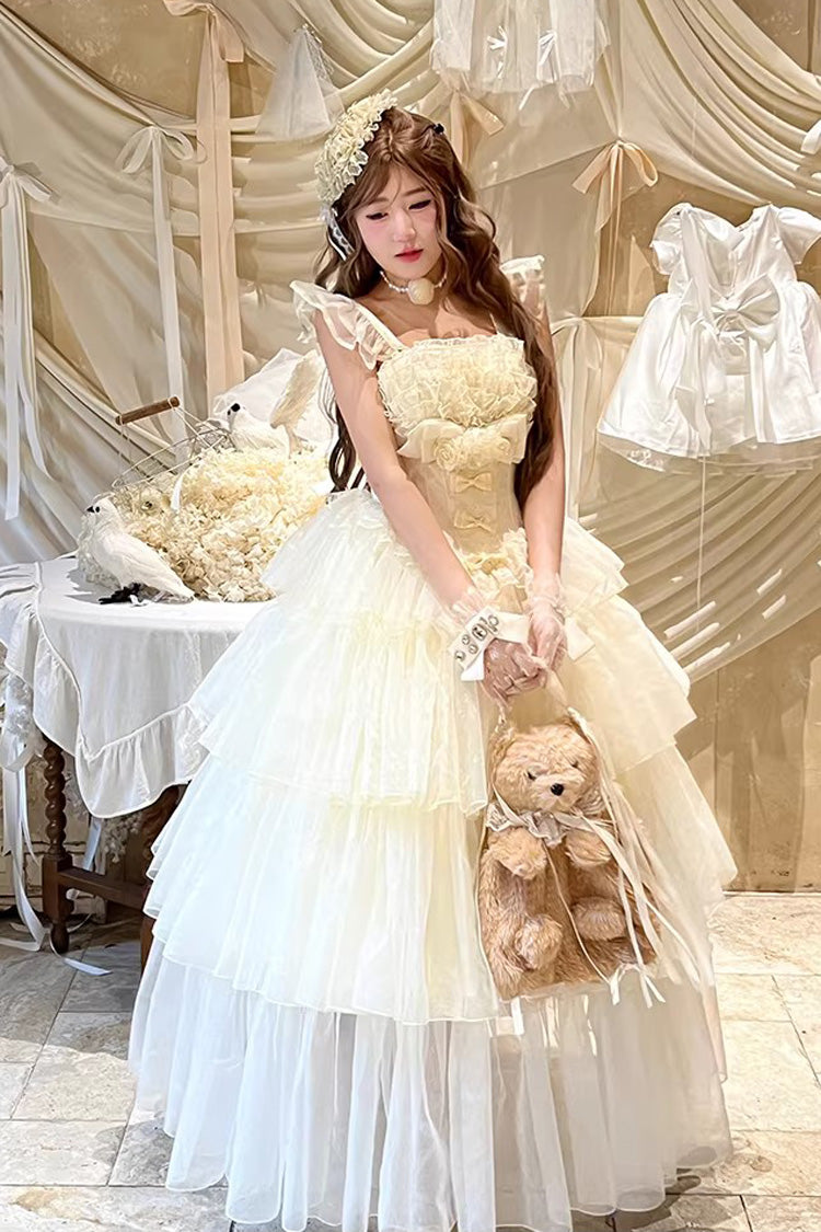 Beige [Mousse Serenade] Triple-Layered Ruffled Hanayome Bow Lace Sweet Princess Lolita Strapless Dress