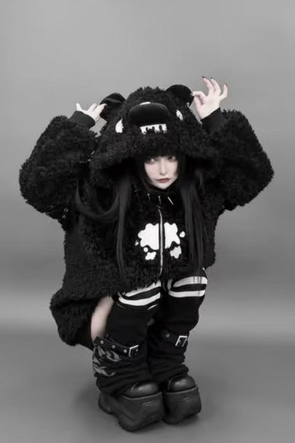 Black Long Sleeves Bear Ears Hooded Zippered Gothic Jirai Kei Lolita Coat