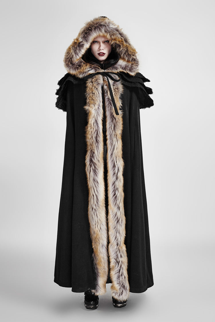 Black Hooded Fur Collar Wool Long Womens Gothic Coat Cloak