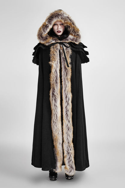 Black Hooded Fur Collar Wool Long Womens Gothic Coat Cloak