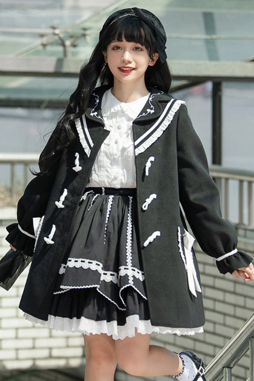 Black Horn Button Suit Collar Lantern Sleeves Back Bow Sweet Lolita Coat