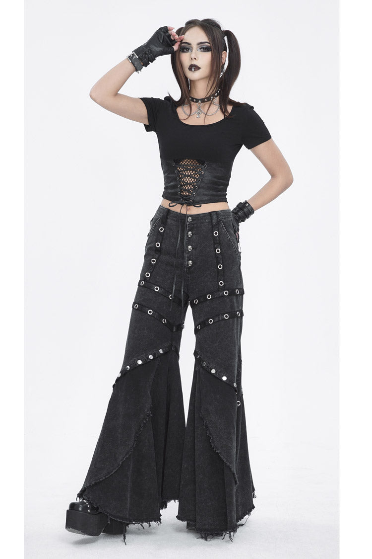 Black Cutout Mesh Short Sleeve Crop Womens Punk Top