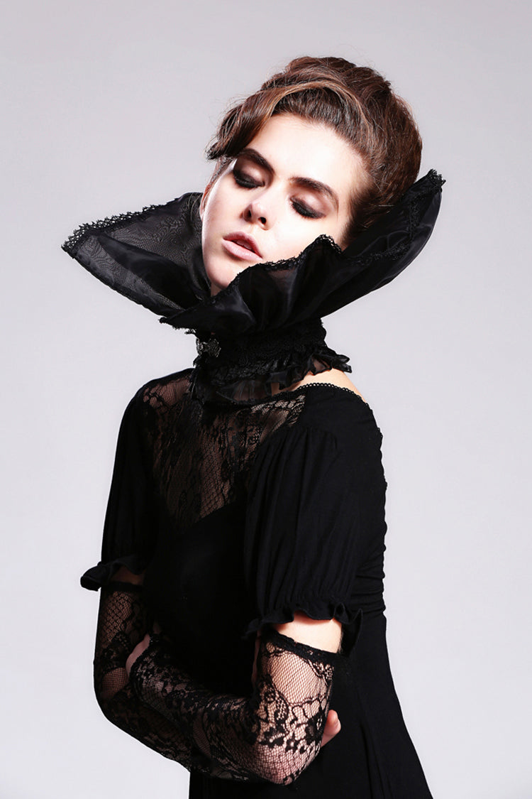 Black Organza Lace Velveteen Women's Gothic Stand Up Collar