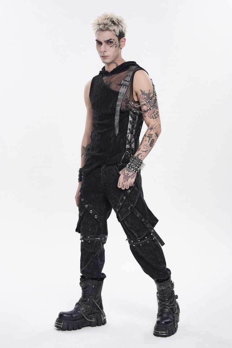 Black Hooded Sheer Asymmetric Chain-Decorated Men's Punk Hooded Vest