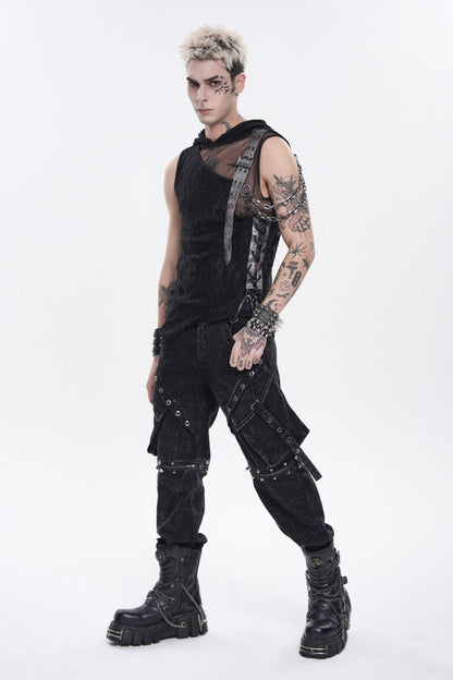 Black Hooded Sheer Asymmetric Chain-Decorated Men's Punk Hooded Vest