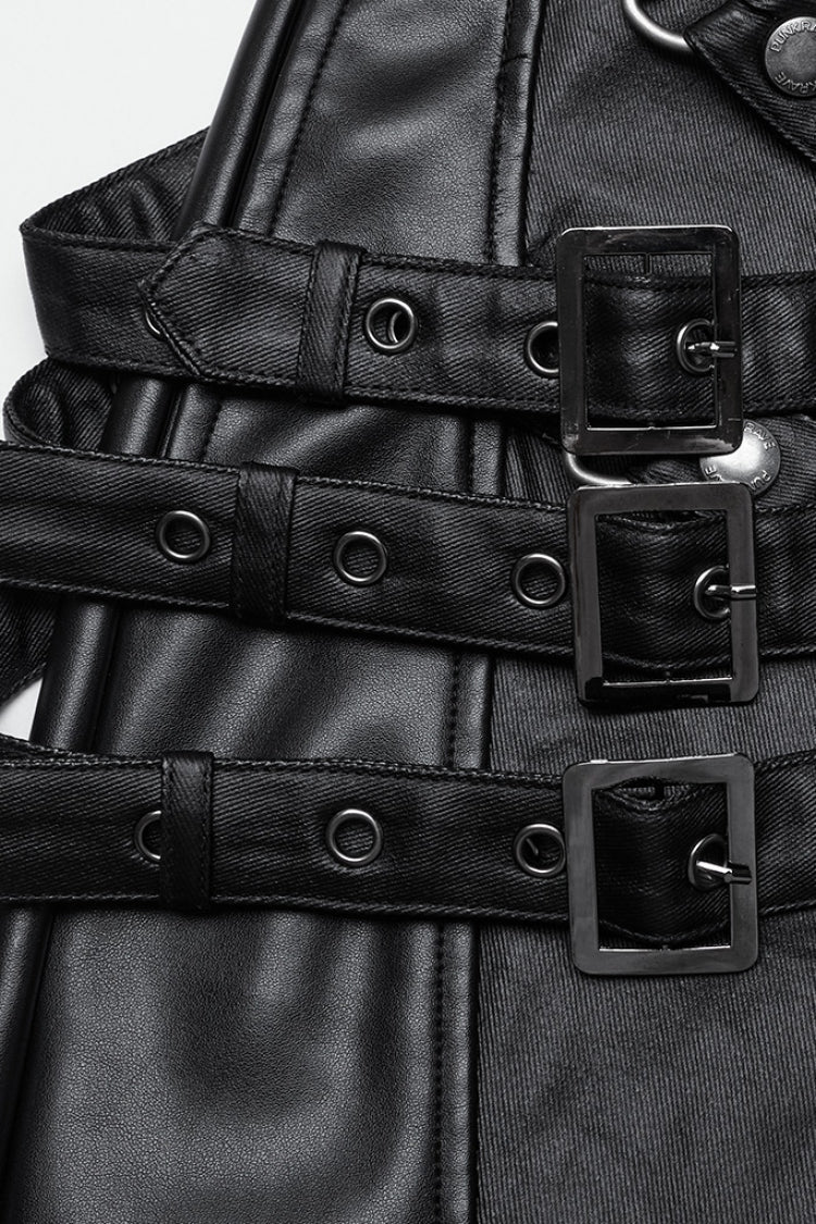 Black Mesh Buckle Strap Men's Punk Pants