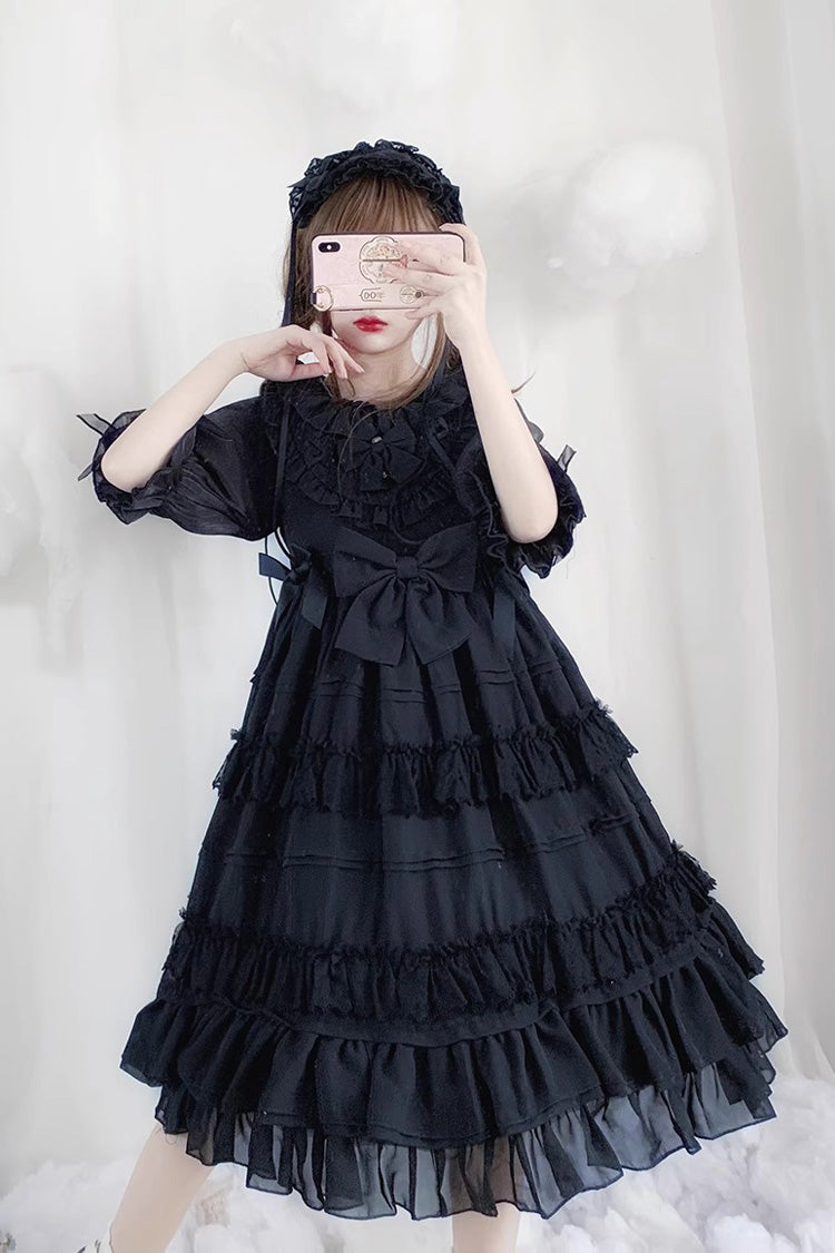 Black Lace Cool Angel Short Sleeves Bowknot Ruffle Gothic Lolita Dress