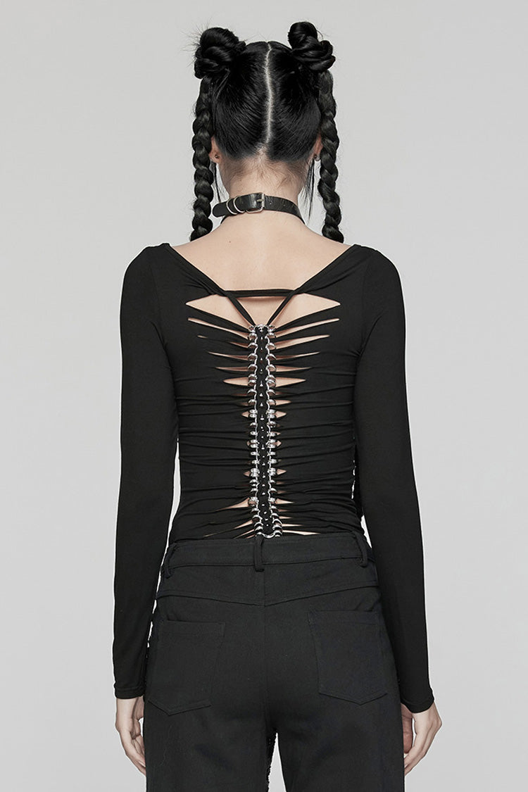 Black Long Sleeves Skeleton Print Women's Gothic T-Shirt