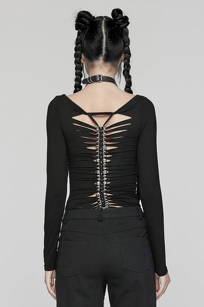 Black Long Sleeves Skeleton Print Women's Gothic T-Shirt