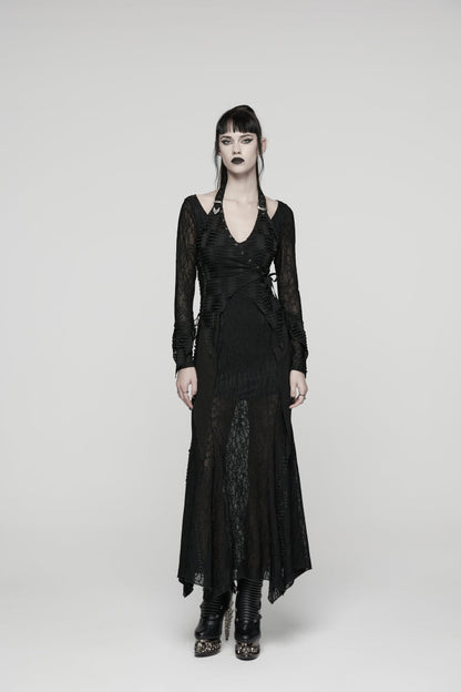 Black Off Shoulder Halterneck Long Trumpet Sleeves Hanayome Lace Lace-Up Women's Punk Dress