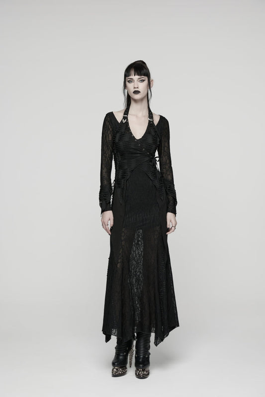 Black Off Shoulder Halterneck Long Trumpet Sleeves Hanayome Lace Lace-Up Women's Punk Dress