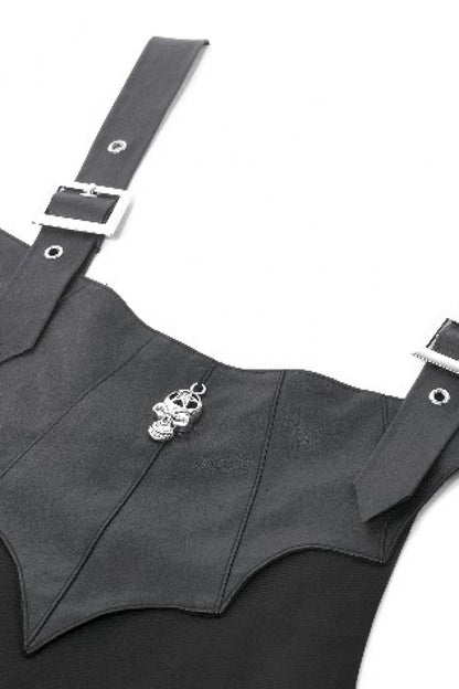 Black Bat Wing Buckled Women's Gothic Suspender Dress Graduation Dress with Tail