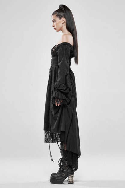 Black Off Shoulder Long Puff Sleeves Ruffle Mesh Women's Gothic Dress