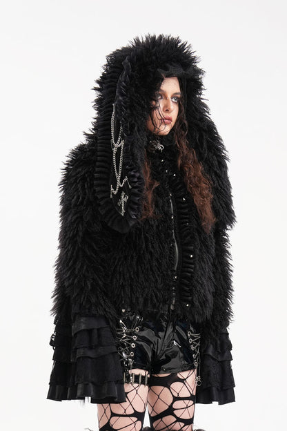 Black Long Sleeves Lace Hooded Zipper Chain Women's Gothic Jacket