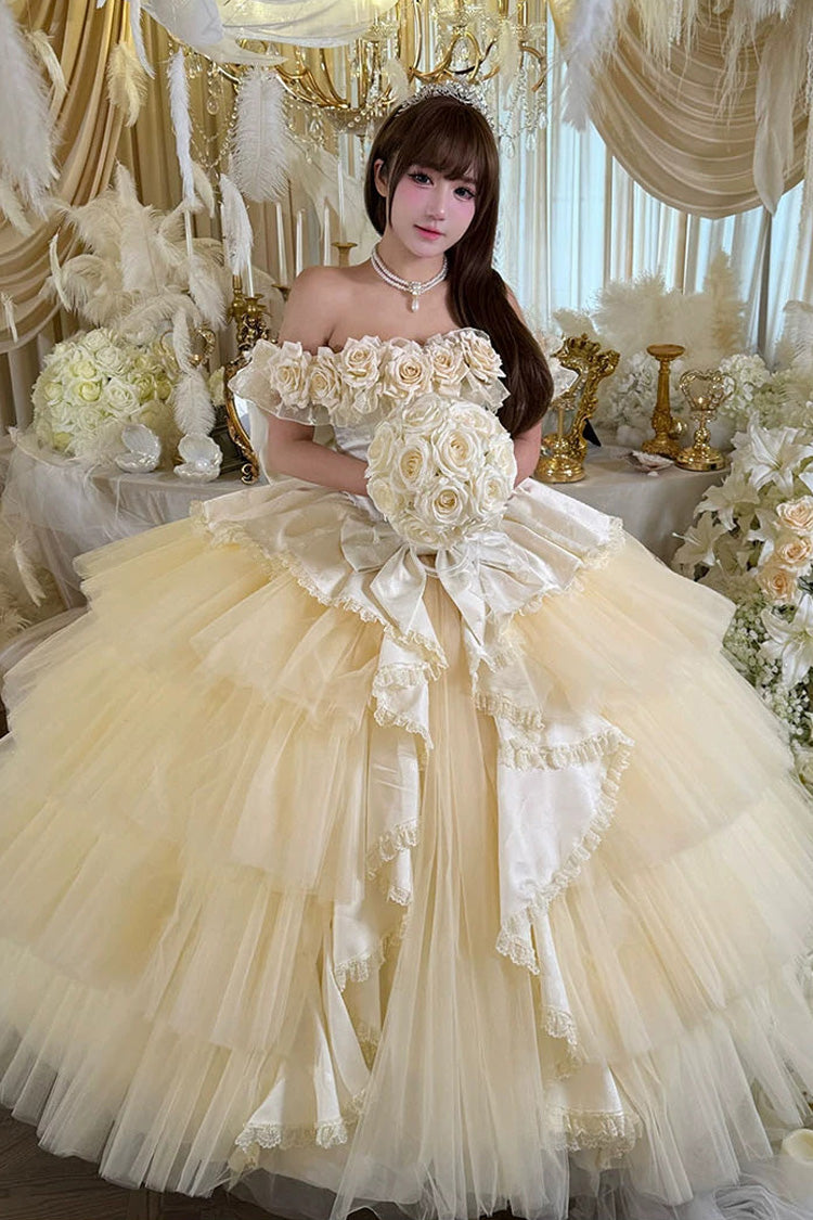 Apricot [Heart’s Beloved Rose] Sleeveless Ruffled Hanayome Bow Lace Lace-Up Sweet Lolita Jsk long Dress