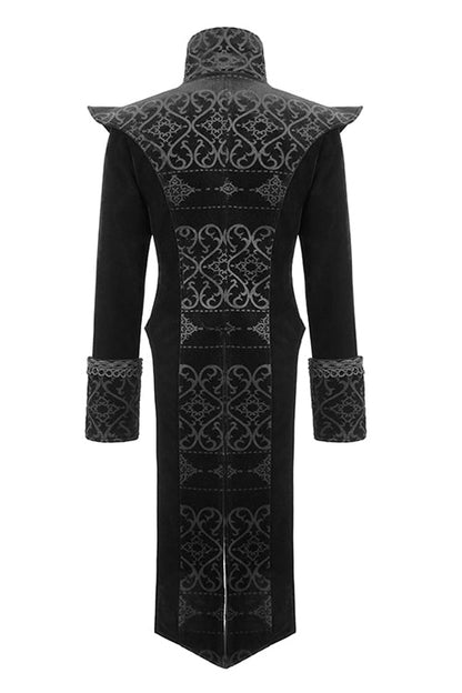 Black High Collar Chinese Palace Floral Pattern Velvet Long Mens Gothic Coat