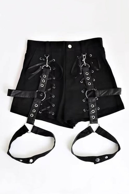 Black Gothic Jirai Kei Japanese Detachable Belted Shorts with Leg Harness Straps