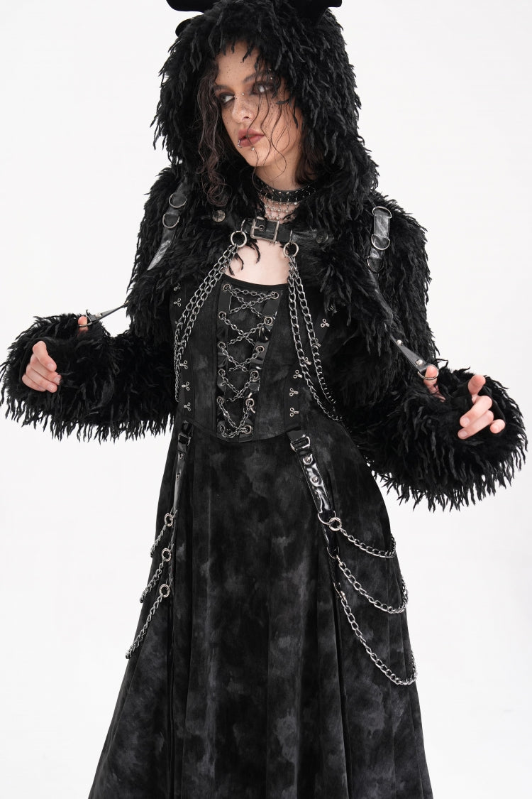 Black Long Sleeves Hooded Women's Gothic Chain Buckle-up Horn Cape