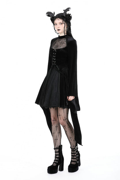 Black Long Trumpet Sleeves Spliced Lace-Up Spider Mesh Women's Gothic Velvet Wedding Dress