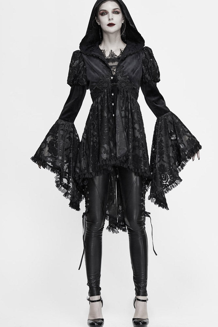Black Knit Velvet Hooded Front Chest Decals Metal Retro Button Lace Cuff Women's Gothic Coat