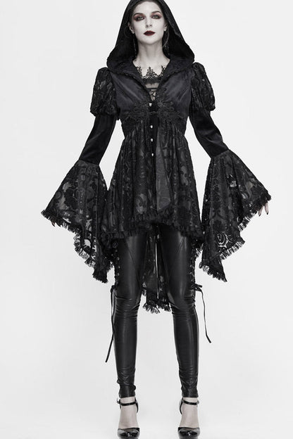 Black Knit Velvet Hooded Front Chest Decals Metal Retro Button Lace Cuff Women's Gothic Coat