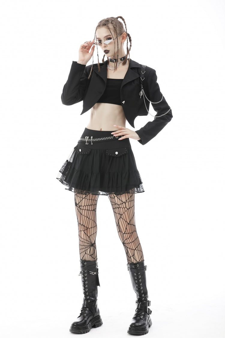 Black Lapel Collar Long Sleeves Chain-Decorated Women's Punk Irregular Short Jacket