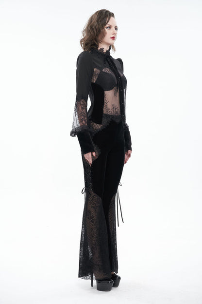 Black High Collar Translucent Lace Patchwork Bow Decoration Long Sleeve Women's Gothic Shirt