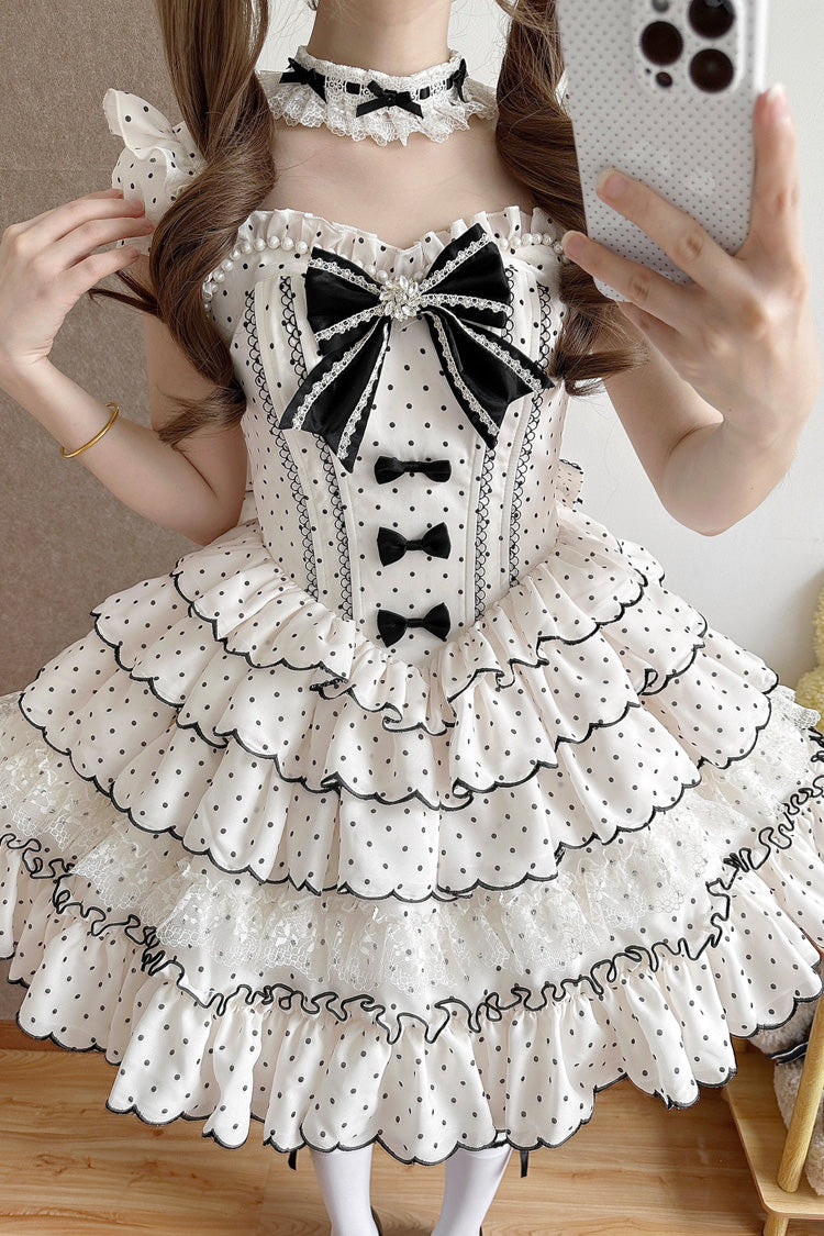 Beige Sleeveless Multi-Layered Polka Dots Printed Ruffled Bow Sweet Princess Lolita Jsk Dress