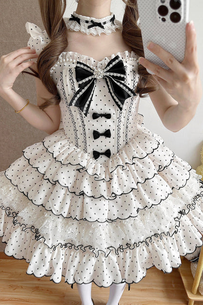 Beige Sleeveless Multi-Layered Polka Dots Printed Ruffled Bow Sweet Princess Lolita Jsk Dress