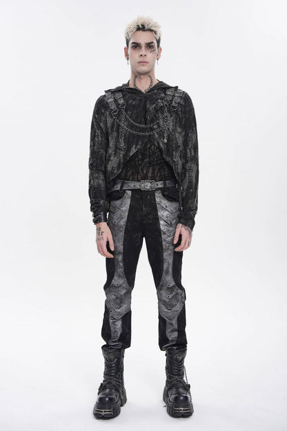 Black Long Sleeves Spliced Hooded Mesh Ripped Faux Two-Piece Zippered Eyelet Men's Punk T-Shirt