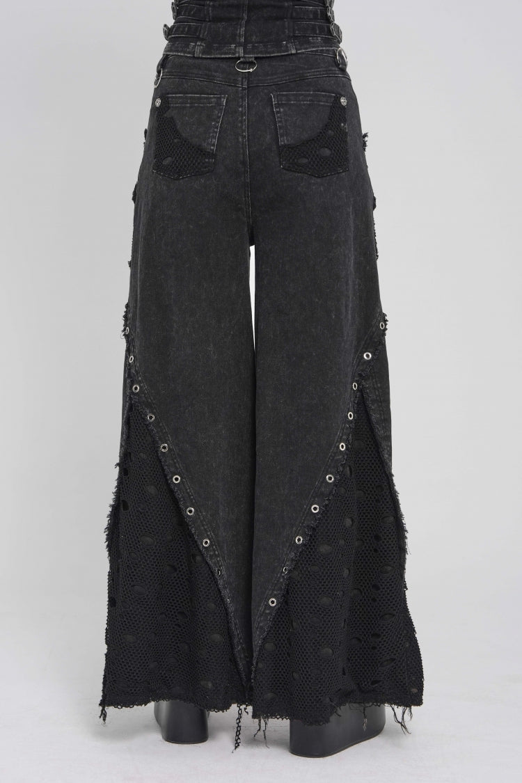 Black Cut-Out Spliced Mesh Eyelet Women's Punk Layered Ripped Pants