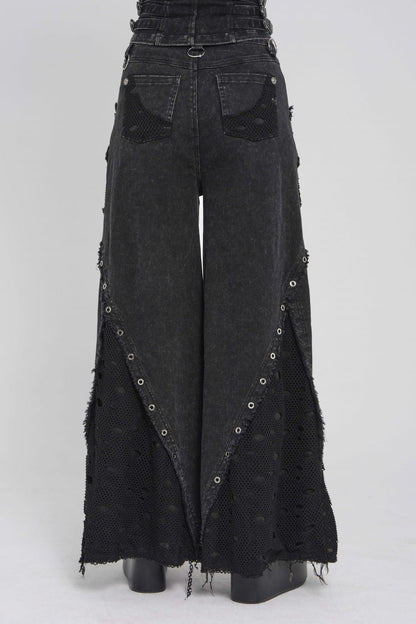 Black Cut-Out Spliced Mesh Eyelet Women's Punk Layered Ripped Pants