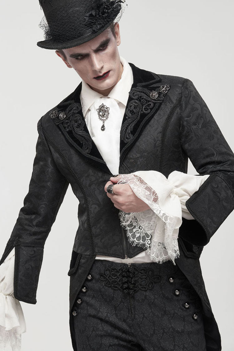 Black Gothic Embroidered Print Pattern Metal Pattern Buckle Decoration Trumpet Sleeve Men's Swallowtail Coat