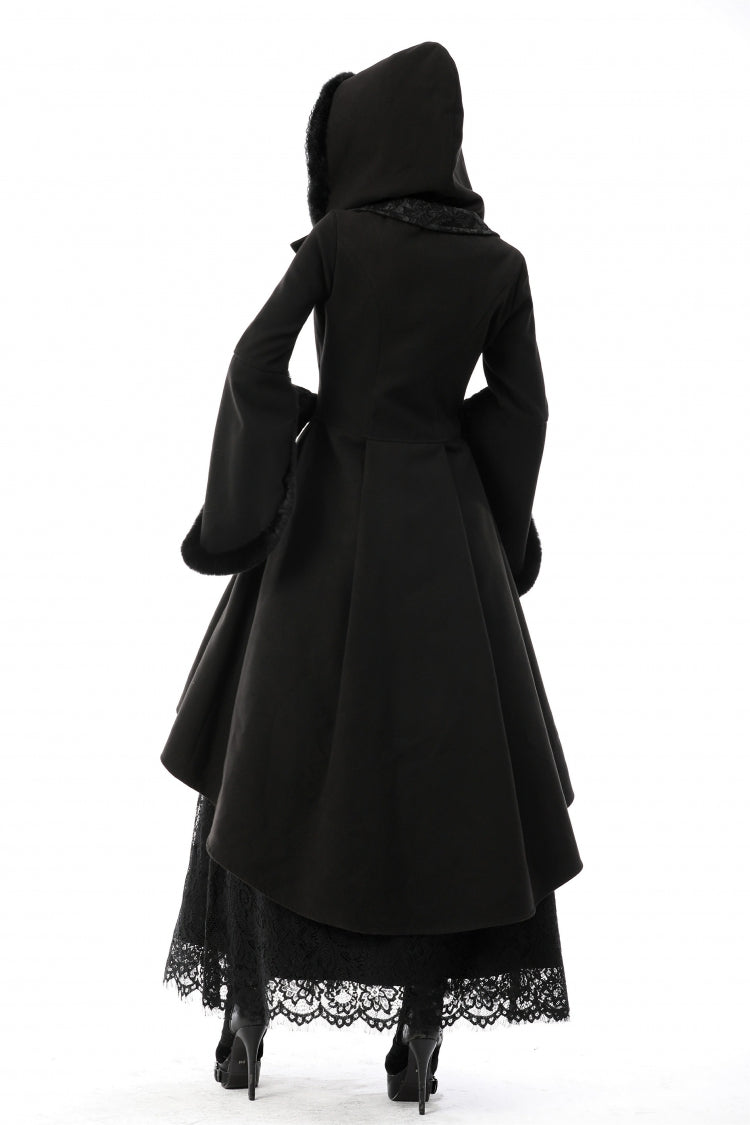 Black Lapel Collar Long Sleeves Women's Gothic High Low Woolen Dovetail Coat with Hood
